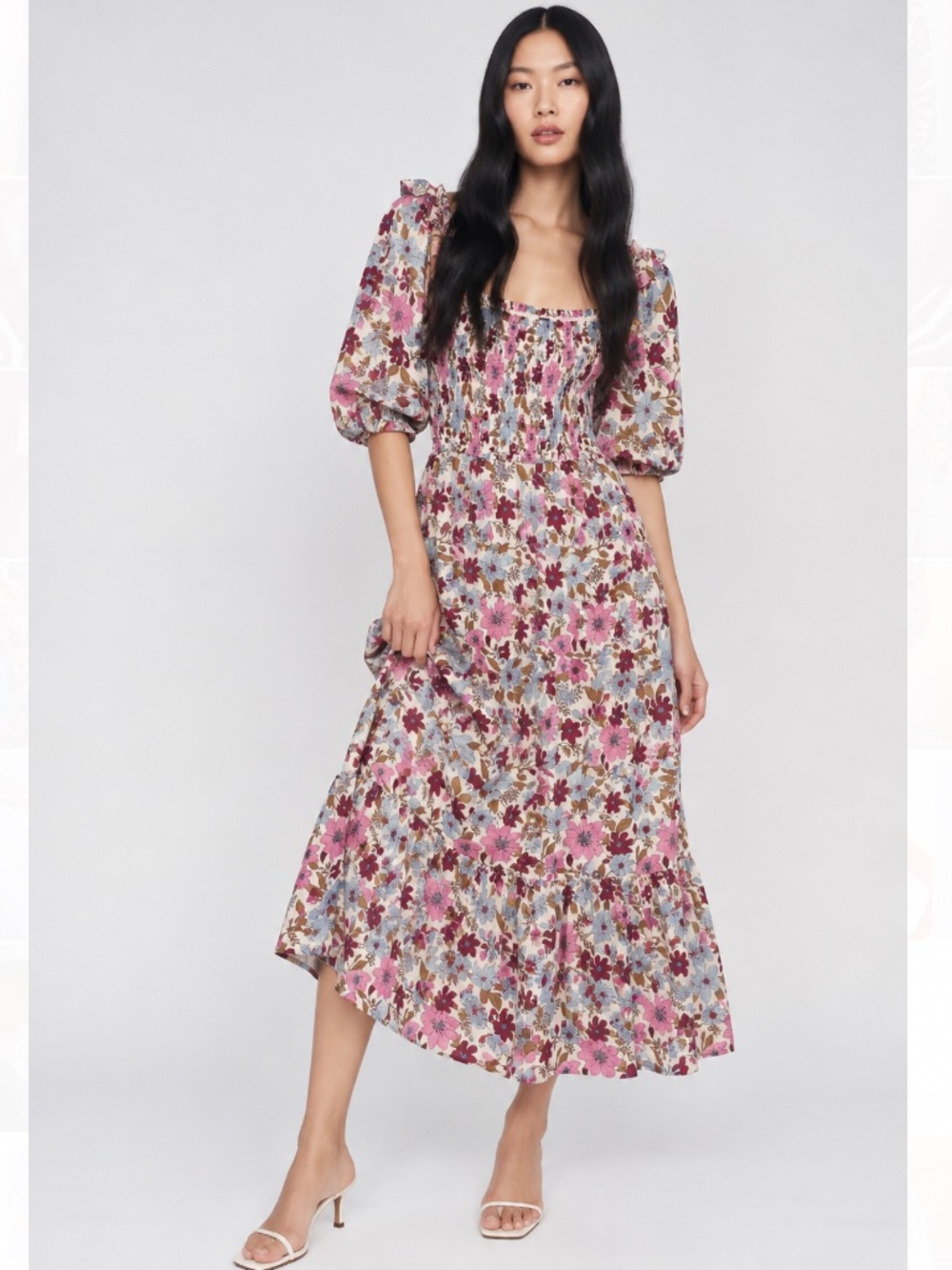 Vineyard Vines Floral Smocked Puff Sleeve Cotton Silk Midi Dress L